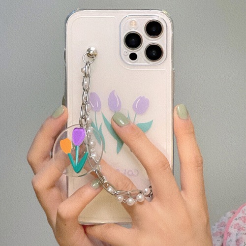 아만다 플라워 꽃무늬 튤립 젤리 진주 체인 폰스트랩 러블리 로맨틱 핸드폰 핑거 스트랩 휴대폰 아이폰케이스 7 8 SE2 X XS Max 11 12 프로 맥스