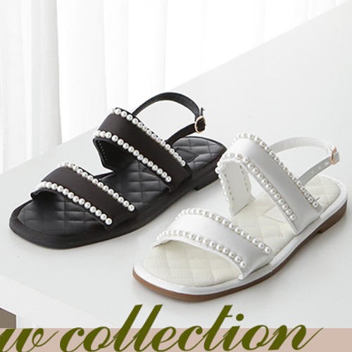 카미야 진주 라인 스트랩 플랫 샌들 여름 데일리 퀼팅 쿠션 바닥 발이 편한 러블리 캐주얼 가벼운 신발 1.5cm