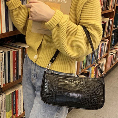 라이니 와니 하프문 크로커다일 악어 무늬 패턴 정장 캐주얼 미니 토트 핸드백 가방,간편 데일리 숄더백 손가방