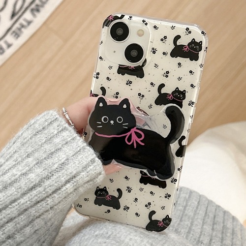 키이샤 검은 고양이 투명 젤리 핸드폰 그립톡 휴대폰 에폭시 스마트톡 집사 커플 플라워 꽃무늬 아이폰케이스 11 12 13 14 15 플러스 프로 맥스