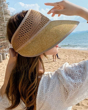 피오나 자외선 차단 햇빛 가리개 라피아 끈달린 돌돌이 모자,벨크로 썬캡 여름 밀짚 라탄 왕골 비치 리본 넓은 챙모자