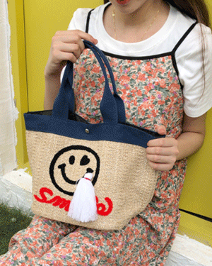 낸시 라탄 왕골 밀짚 라피아 콤비 미니 토트 쇼퍼 여름 비치 가방,스마일 태슬 숄더 크로스백 손가방