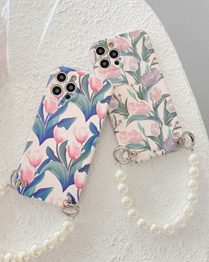 자밀라 튤립 플라워 꽃무늬 진주 체인 폰스트랩 빈티지 로맨틱 핸드폰 핑거 스트랩 휴대폰 아이폰케이스 7 8 SE2 X XS Max 11 12 프로 맥스