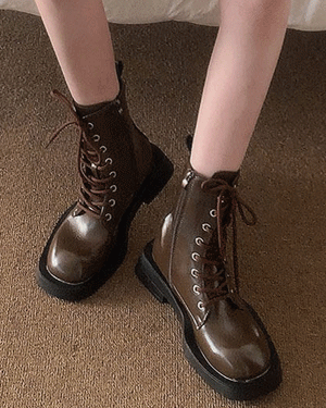 키튼 통굽 빈티지 캐주얼 워커 가보시 미들 키높이 부츠,데일리 숏부츠 옆지퍼 레이스업 끈 신발 4.5cm